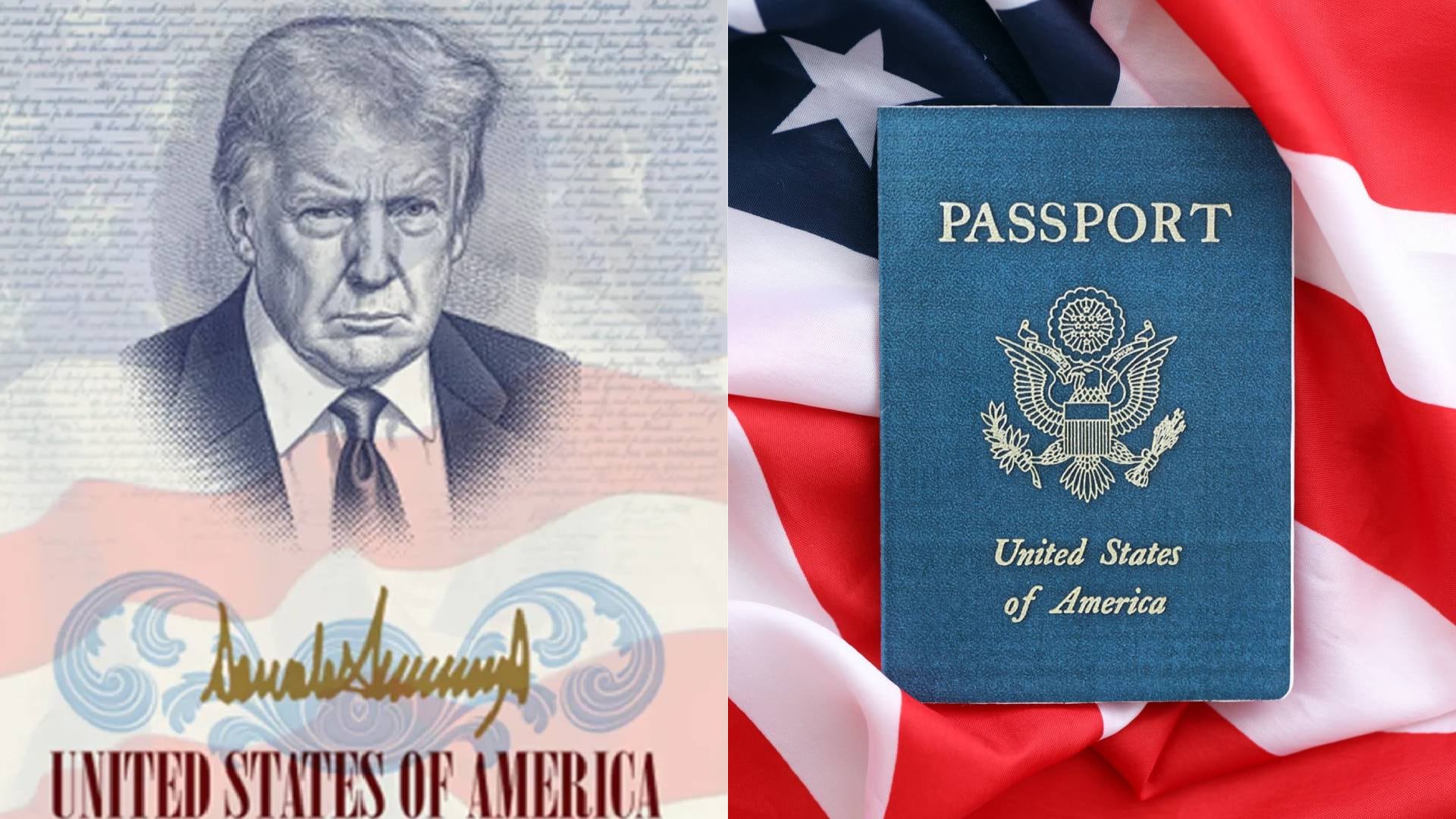 Una ilustración de Donald Trump, con su firma, se presenta junto a un pasaporte de Estados Unidos sobre la bandera nacional.