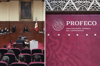 El Pleno de la Suprema Corte de Justicia de la Nación y una audiencia; el logo y nombre de la Procuraduría Federal del Consumidor en un telón magenta.