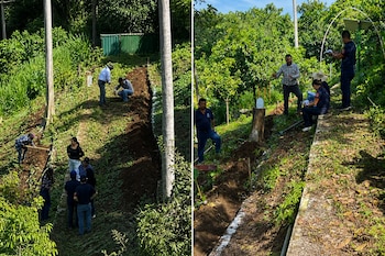 Dos fotografías contiguas de personas trabajando con herramientas y tomando notas en un terreno inclinado.