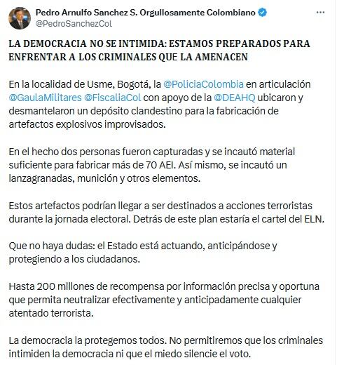 Ministro de Defensa informó que frustran tentado presuntamente para le 8 de marzo - crédito @PedroSanchezCol/X