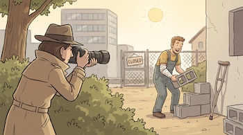 Detective con gabardina y sombrero usa cámara para fotografiar a trabajador levantando un bloque de cemento, con brazo vendado y una muleta cercana.