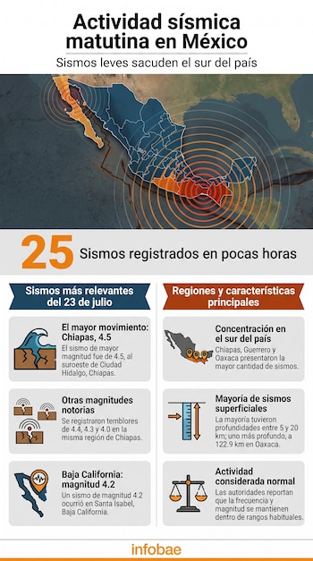 Infografía sobre actividad sísmica en México, con mapa, el número 25, detalles de sismos por magnitud y ubicación en recuadros con íconos, y logo de Infobae.