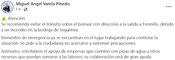 Miguel Varela Pinedo pide a la población evitar la zona del incendio.