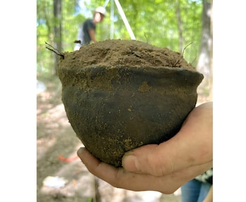 Una mano adulta sostiene una vasija de cerámica oscura con tierra y pequeños tallos. Al fondo, una figura con sombrero está desenfocada entre árboles verdes