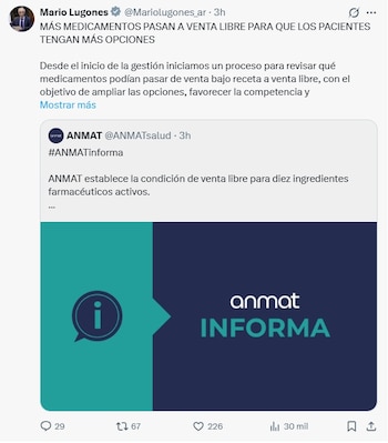 Captura de pantalla de un tweet de Mario Lugones que retuitea a ANMAT; en la imagen de ANMAT se lee 'anmat INFORMA' y un ícono de información