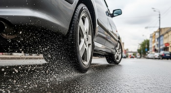 Rueda trasera de coche gris oscuro acelerando en asfalto mojado, lanzando gotas de agua. Fondo urbano borroso con edificios y vehículos.