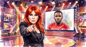 Pintura en acuarela de Magaly Medina en primer plano señalando, con Jefferson Farfán en una pantalla de un set de televisión iluminado con luces de estudio.