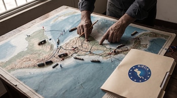 Un mapa físico de Centroamérica sobre una mesa. Dos manos, una con lápiz, señalan puntos. Miniaturas de camiones, trenes, barcos, aviones. Tachuelas rojas y azules. Una carpeta con el logo de SIECA.