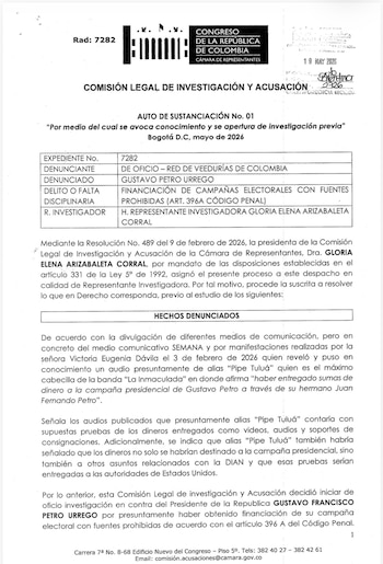 Auto Comisión de Acusaciones de la Cámara contra Gustavo Petro - crédito Suministrado