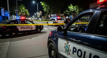 Calle de ciudad de noche con tres patrullas de policía guatemalteca estacionadas, cinta de escena del crimen y luces de sirena encendidas.