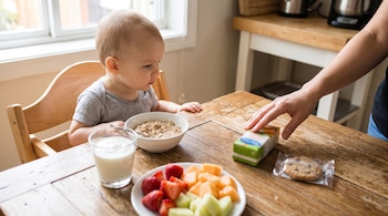 Un bebé sentado a una mesa de madera frente a tazones de avena, yogur y fruta, junto a una mano que toma una caja de jugo y una galleta.