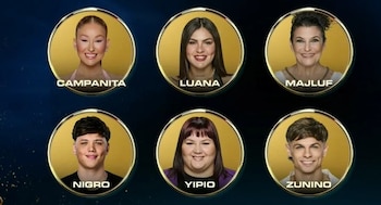 Seis retratos circulares dorados de concursantes de Gran Hermano: Campanita, Luana, Majluf, Nigro, Yipio y Zunino, sonrientes sobre un fondo oscuro