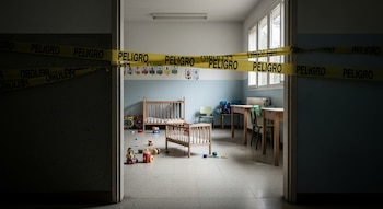 Vista de una guardería vacía con dos cunas de madera y juguetes dispersos en el suelo. Cinta amarilla de "PELIGRO" cruza la entrada del aula iluminada por una ventana.