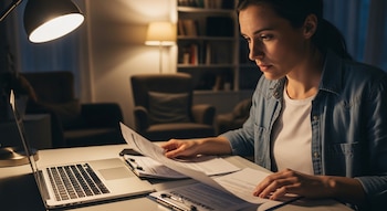 Primer plano de una mujer de mediana edad revisando papeles en un escritorio con una laptop abierta bajo una lámpara de luz suave.