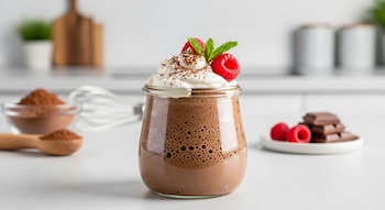Mousse de chocolate proteico en vaso de vidrio con nata, frambuesas y menta. Sobre encimera blanca, con cacao y chocolate en barra de fondo.