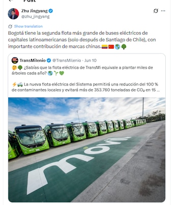 Zhu Jingyang, embajador de China, en Colombia, destaca la participación China en la descarbonización del transporte en el país - crédito @zhu_jingyang/X