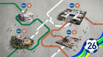 Mapa conceptual aéreo de la CDMX. Muestra Palacio Bellas Artes, Museo Antropología, Castillo Chapultepec, Templo Mayor. Rutas conectan, con logos INBAL/INAH y símbolo Mundial 2026.