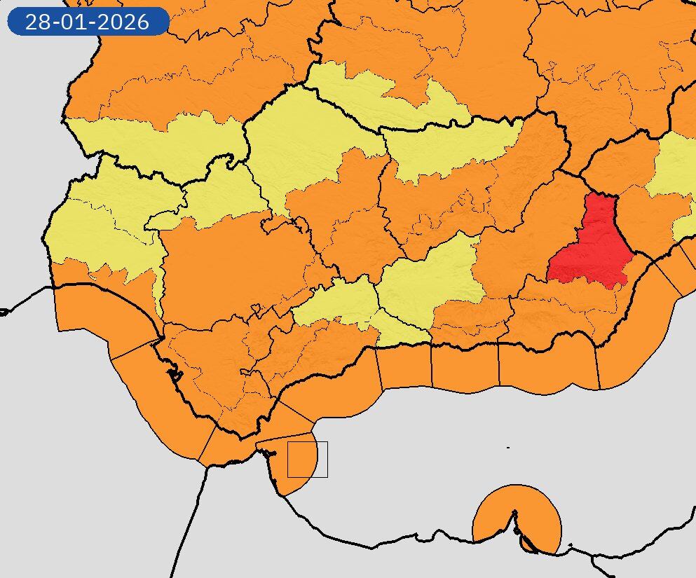 Avisos Andalucía 28 enero: lluvias, costeros y vientos. Nivel máximo de aviso: rojo. (AEMET)