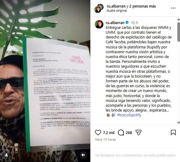 Café Tacvba invita a sus fans a escuchar su música en plataformas alternativas y recomienda dejar de usar Spotify como acto de protesta. (@ru.albarran )