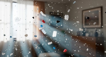 Primer plano de microplásticos de varios colores flotando en el aire, iluminados por la luz natural. El fondo muestra un interior de hogar con muebles y cortinas desenfocados.