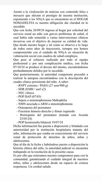 El comunicado emitido por Nomadelfia