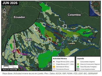 La minería ilegal de oro acelera la expansión de dragas en Loreto entre 2025 y 2026