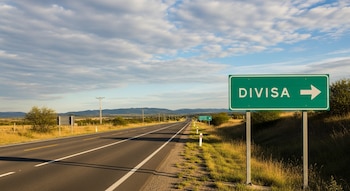 Una carretera recta con líneas amarillas y blancas, un letrero verde que indica Divisa con una flecha a la derecha, postes eléctricos y vegetación seca.
