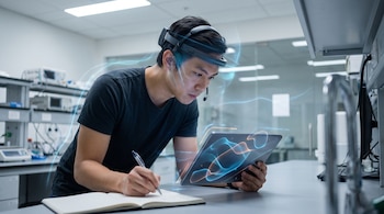 Homem com fones de ouvido olhando para tablet e escrevendo no caderno. Flashes de luzes digitais e modernos equipamentos de laboratório brilhavam.