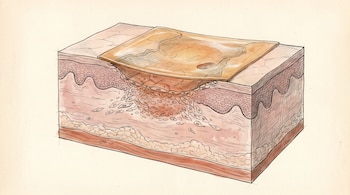 Ilustración médica en corte transversal de capas de piel humana con una herida cubierta por una lámina translúcida de color ámbar.