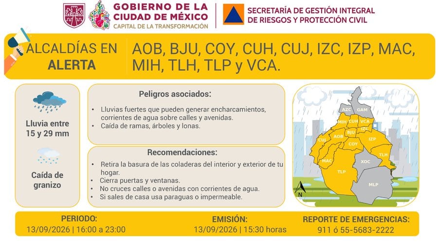 La Secretaría de Gestión Integral de Riesgos emite una alerta por lluvias de hasta 29 milímetros y granizo en doce alcaldías de la Ciudad de México el 13 de septiembre de 2026. (X/ @SGIRPC_CDMX)