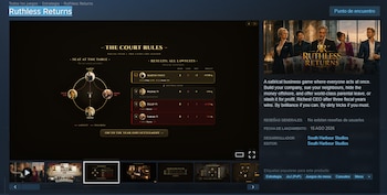 Captura del videojuego Ruthless Returns muestra diagrama de relaciones entre personajes, tabla de resultados de juicios y datos de lanzamiento del juego