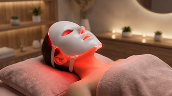 Una mujer acostada en una camilla lleva una máscara facial blanca que emite luz roja mientras descansa sobre una toalla.