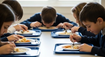 Manos y brazos de varios niños comen de platos blancos en bandejas azules sobre una mesa.