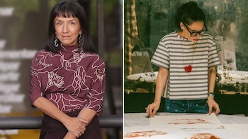 Imagen dividida con Claudia Coca a la izquierda y Claudia Casarino examinando impresiones sobre una mesa a la derecha