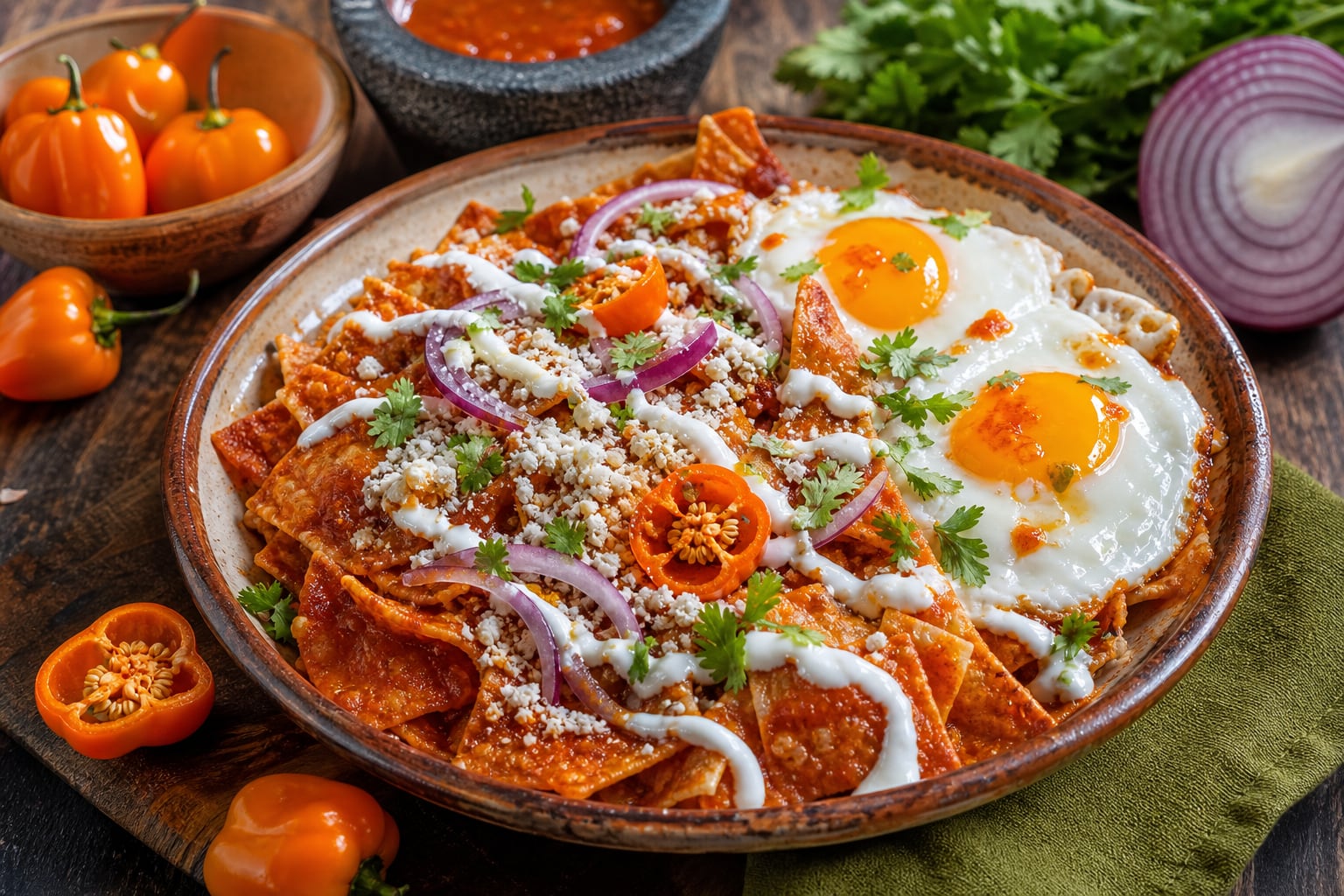 Un plato de chilaquiles habaneros servido con salsa roja, huevos fritos, queso y crema ilustra la preparación de esta receta de la gastronomía mexicana. (Imagen Ilustrativa Infobae)