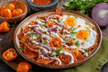 Plato con chilaquiles en salsa roja, crema, queso y huevos fritos, rodeado de chiles habaneros enteros y cortados sobre madera.