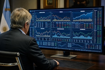 Vista posterior de un hombre con traje frente a un monitor con gráficos de sectores económicos y la bandera de Argentina al fondo.
