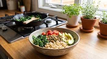 Tazón con quinoa, espinaca, aguacate, tomates y semillas sobre un mesón junto a una sartén con verduras y plantas en macetas.