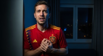 Hombre con camiseta roja de la selección española, escudo y estrella, manos unidas en el pecho, en una habitación oscura iluminada con luz azul y ventana nocturna.