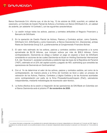 La operación de cesión de Davibank a Davivienda abarca activos por más de 38,3 billones de pesos colombianos y abarca a 3,5 millones de clientes - crédito Davivienda