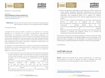 La senadora animalista Andrea Padilla solicita al ICA información sobre los controles de ingreso y certificación sanitaria de los perros decomisados - crédito @andreanimalidad / X