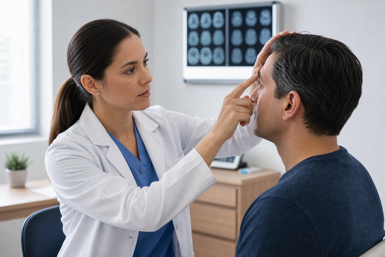 Una neuróloga examina el rostro y los reflejos faciales de un paciente durante una evaluación clínica en un consultorio. (Imagen Ilustrativa Infobae)