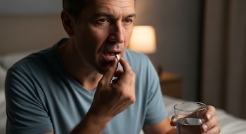 Primer plano de un hombre de mediana edad en camiseta azul, llevando una pastilla blanca a su boca con una mano y sosteniendo un vaso de agua con la otra.