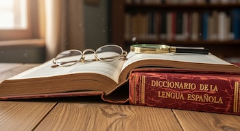 Un libro abierto con gafas y una lupa encima, junto a un diccionario de la lengua española en una mesa de madera. Fondo borroso de una biblioteca.