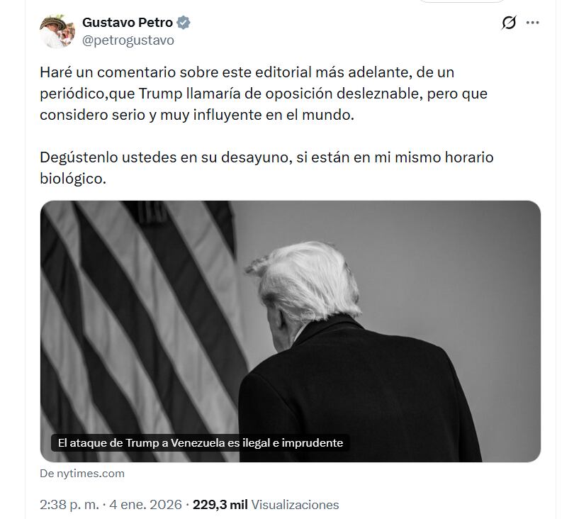 El presidente Gustavo Petro compartió un artículo de The New York Times sobre la intervención militar de Estados Unidos en Venezuela, pero lo que causó revuelo fue el momento - crédito @petrogustavo/X