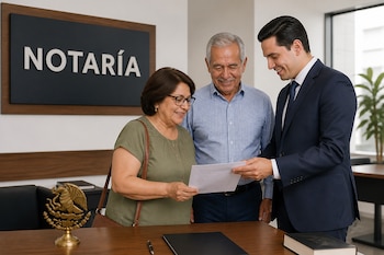 Un hombre en traje entrega un documento a una pareja frente a un escritorio con el letrero NOTARÍA y el escudo de México.