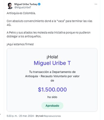 Importantes figuras políticas y sociales contribuyen al proyecto 4G - crédito @MiguelUribeT/X