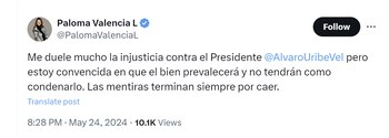 La senadora Paloma Valencia lamentó la formulación de acusación contra Álvaro Uribe - crédito @PalomaValenciaL/X