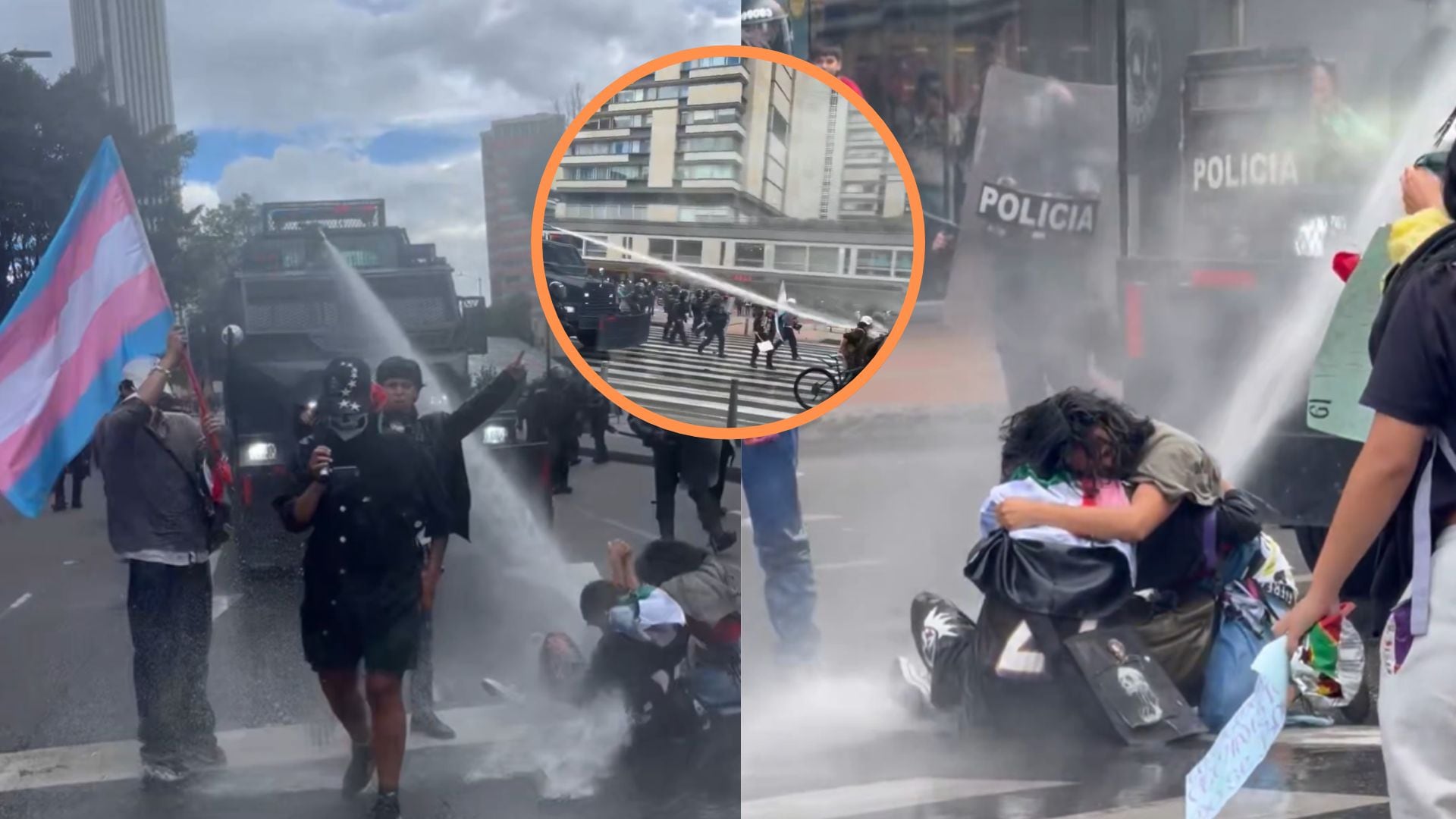 Las imágenes muestran cómo los asistentes se apoyan entre ellos al recibir los chorros de agua de las tanquetas oficiales - crédito @injuanes y @SLondono00 / X