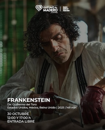 Cartel con un hombre de cabello rizado que sostiene una sierra con guantes rojos y textos informativos sobre la proyección de Frankenstein